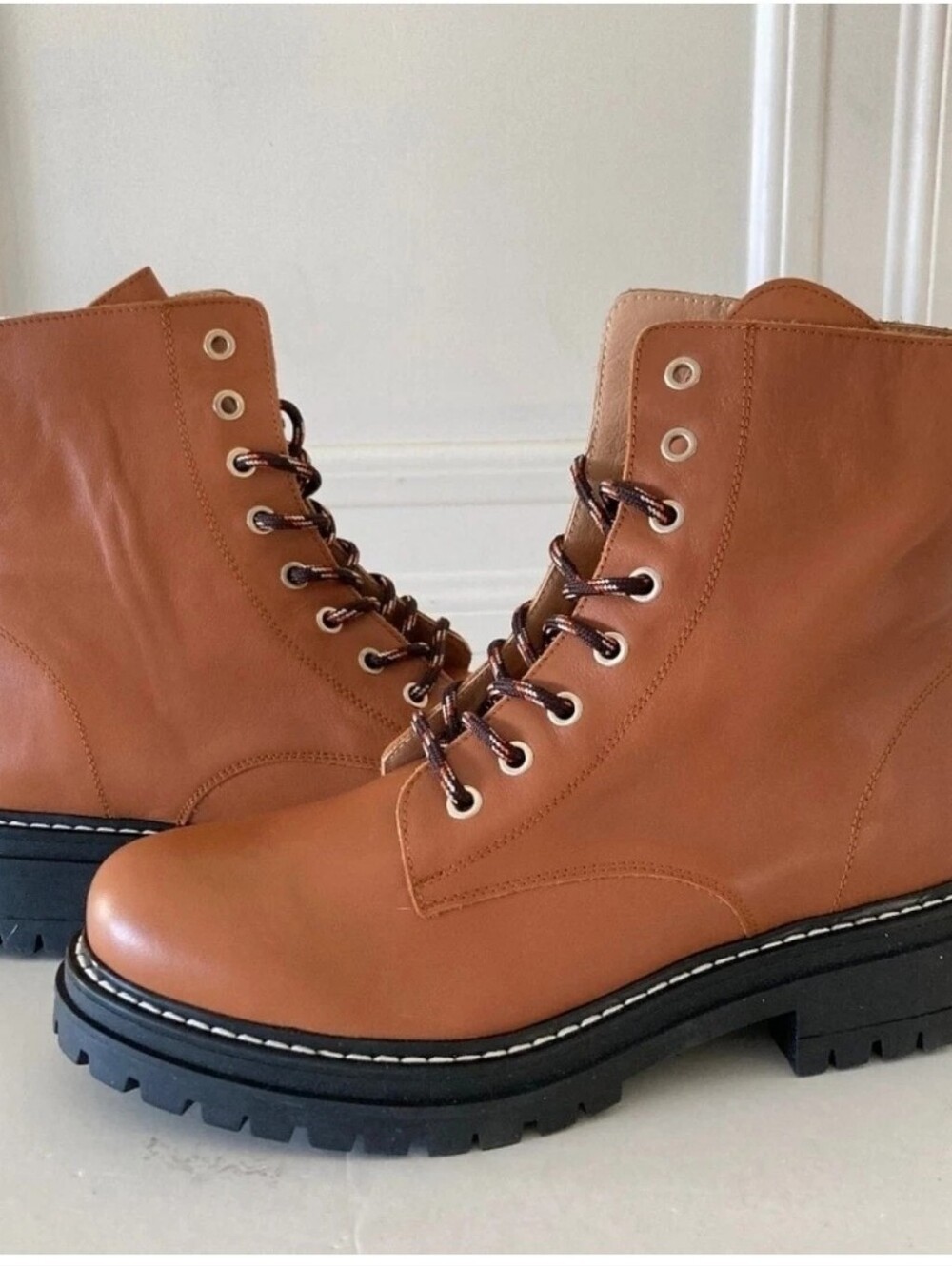 Size 37 US 7 Maeve Anthropologie Pop Lace Honey Leather Combat Hiker Boots NWOT